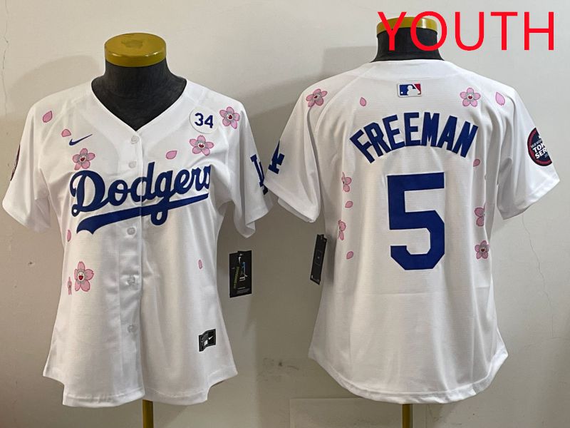 Youth Los Angeles Dodgers #5 Freeman White Sakura Edition 2025 Nike MLB Jersey style 5->youth mlb jersey->Youth Jersey